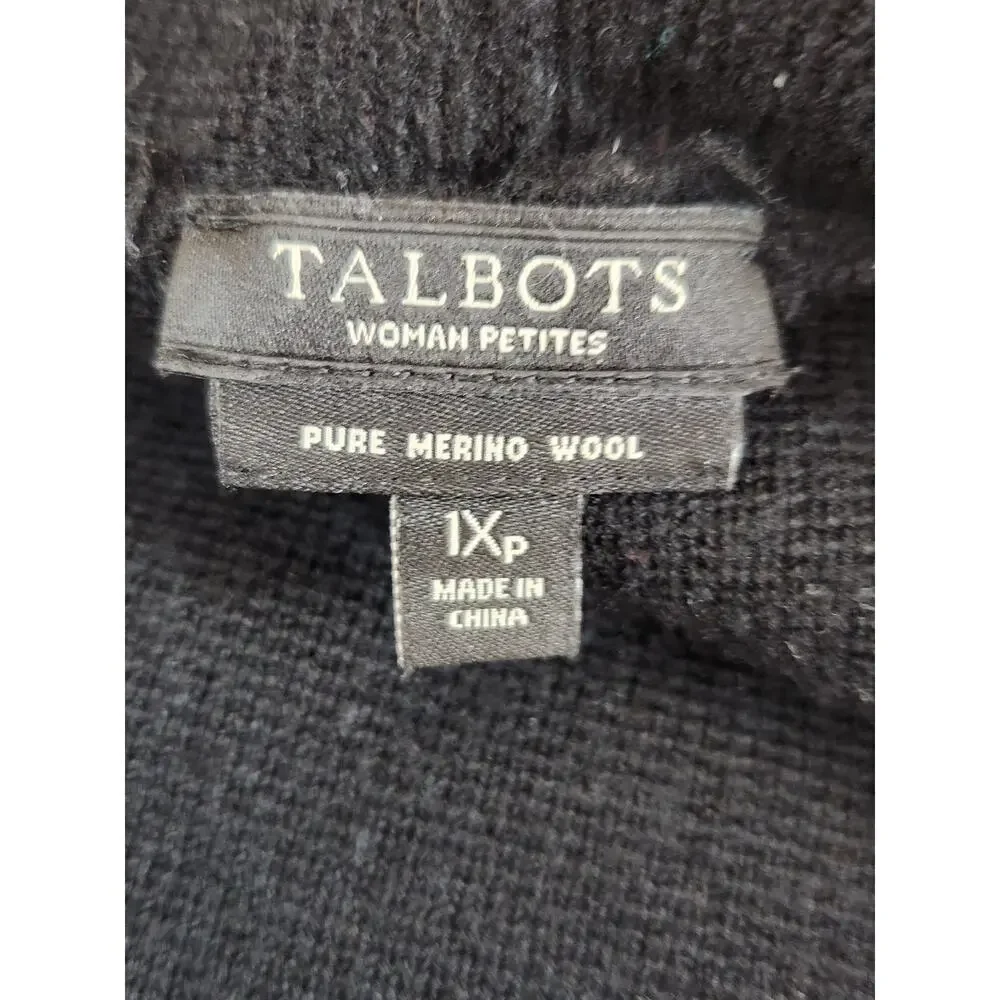 Talbots black sweater cardigan‎ sz 1Xp pure merino wool open front zip pockets